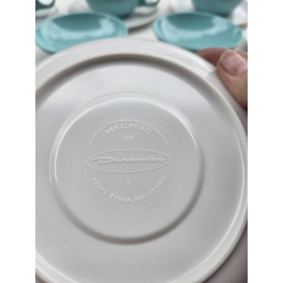Set 14 Vintage MCM Melmac Durawear White & Turquoise Coffee Cups Berry Bowls - Picture 7 of 13